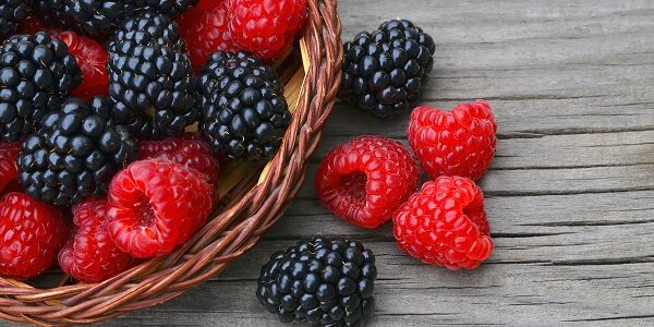 Freshly picked organic blackberries and raspberries in a basket on old wooden table.Healthy eating,vegan food or diet concept.Selective focus.
